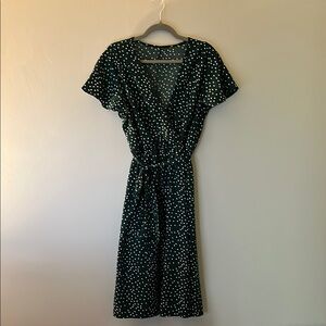 White and Green Flutter Sleeve Wrap Midi Dress